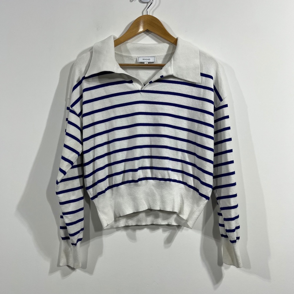 RIHOAS Fisherman Striped Knit‎ Polo Sweater Nautical Womens Small Coastal Resort